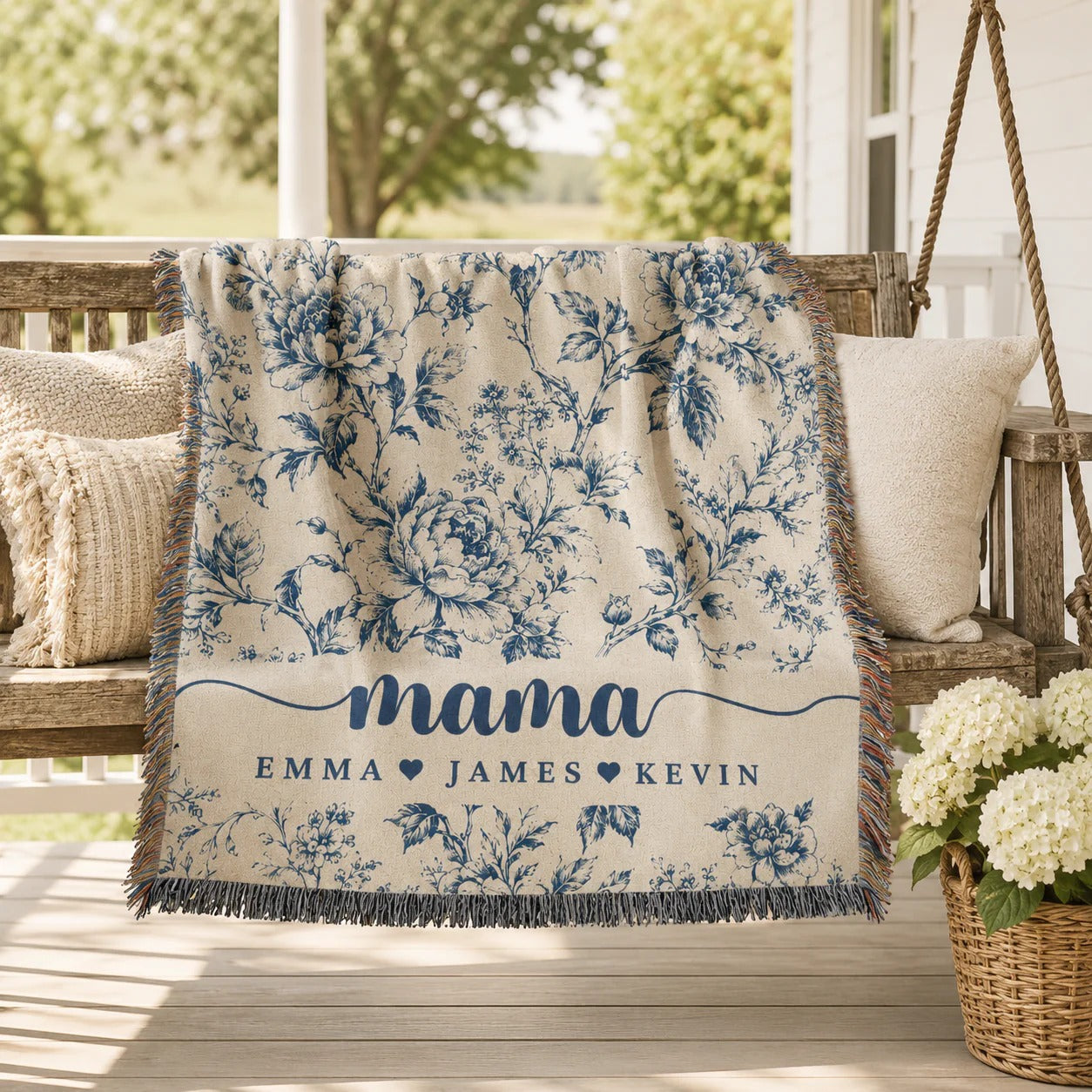Mama Woven Blanket, Custom Blue Floral Toile Throw with Kids' Names