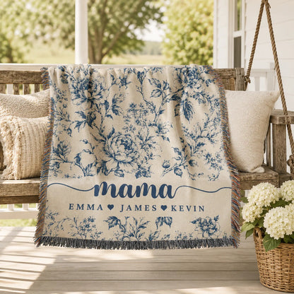 Mama Woven Blanket, Custom Blue Floral Toile Throw with Kids' Names