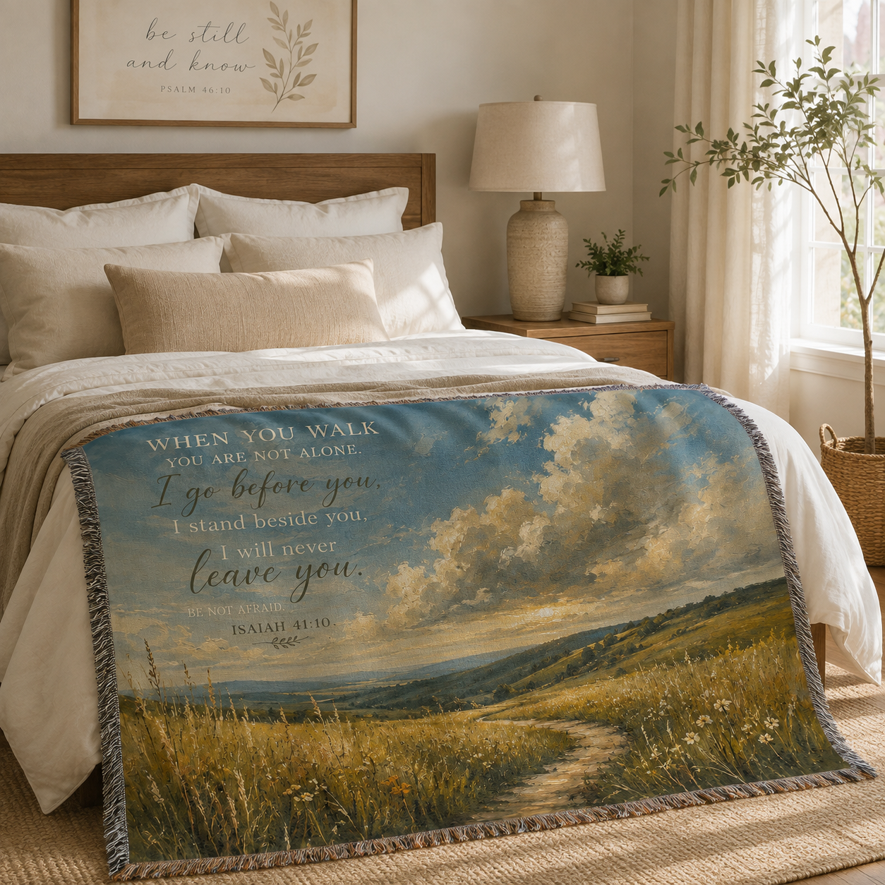 Isaiah 41:10 Christian woven blanket styled across a warm neutral bedroom
