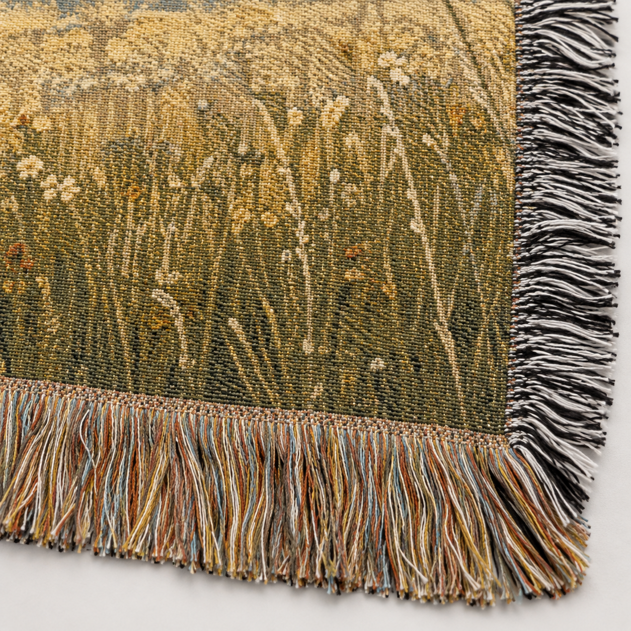 Macro close-up of woven yarn texture and multicolor fringe on Christian tapestry blanket