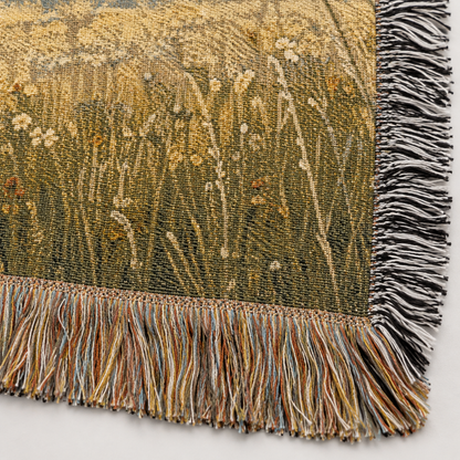Macro close-up of woven yarn texture and multicolor fringe on Christian tapestry blanket