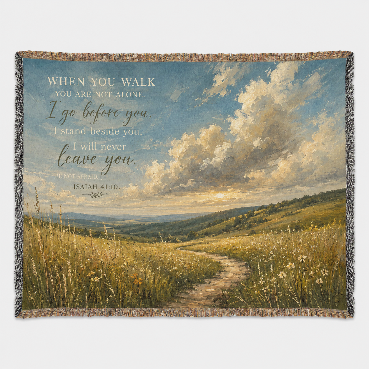 Isaiah 41:10 faith woven blanket with meadow pathway, luminous clouds and fringe