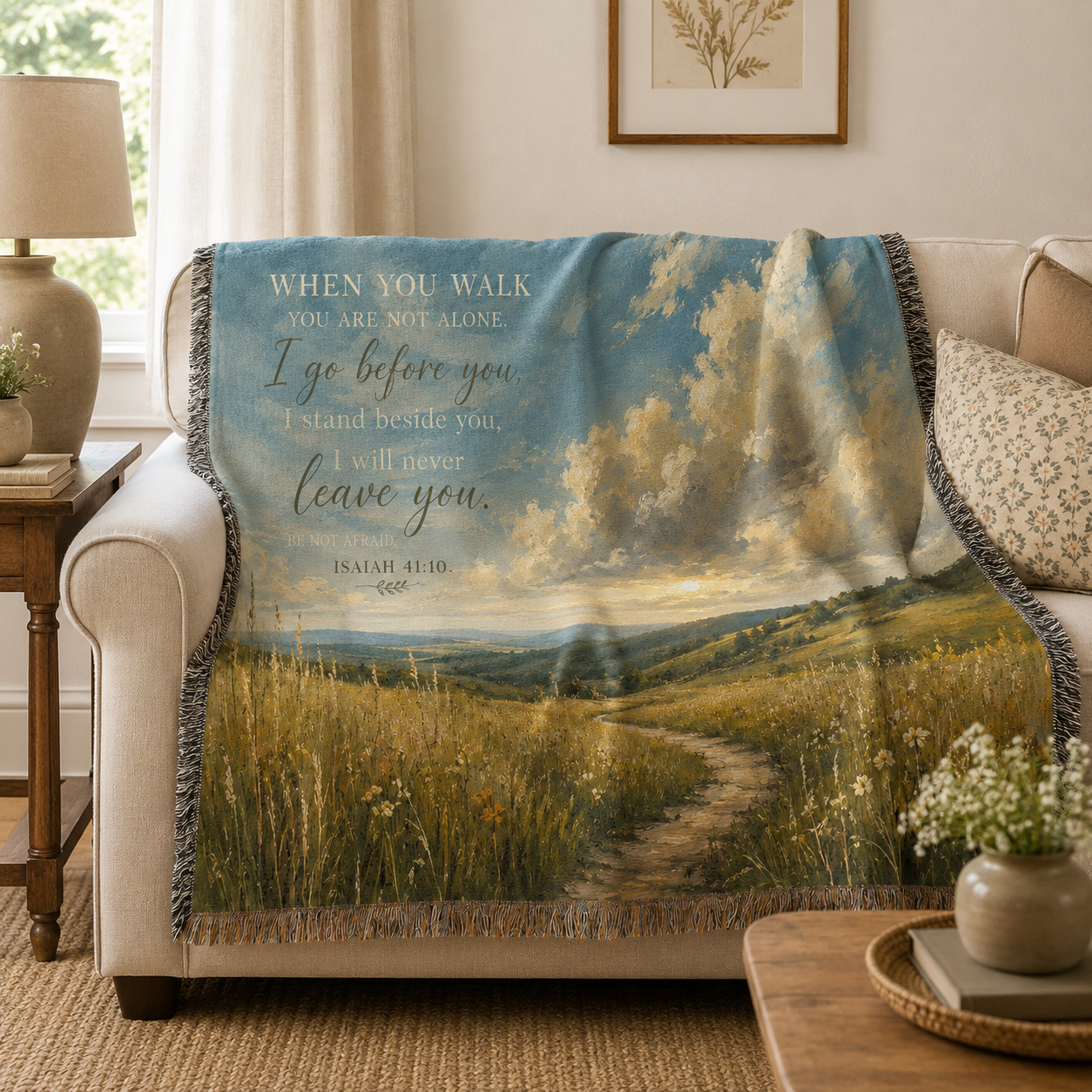 Christian faith woven blanket softly draped over a neutral sofa with meadow design