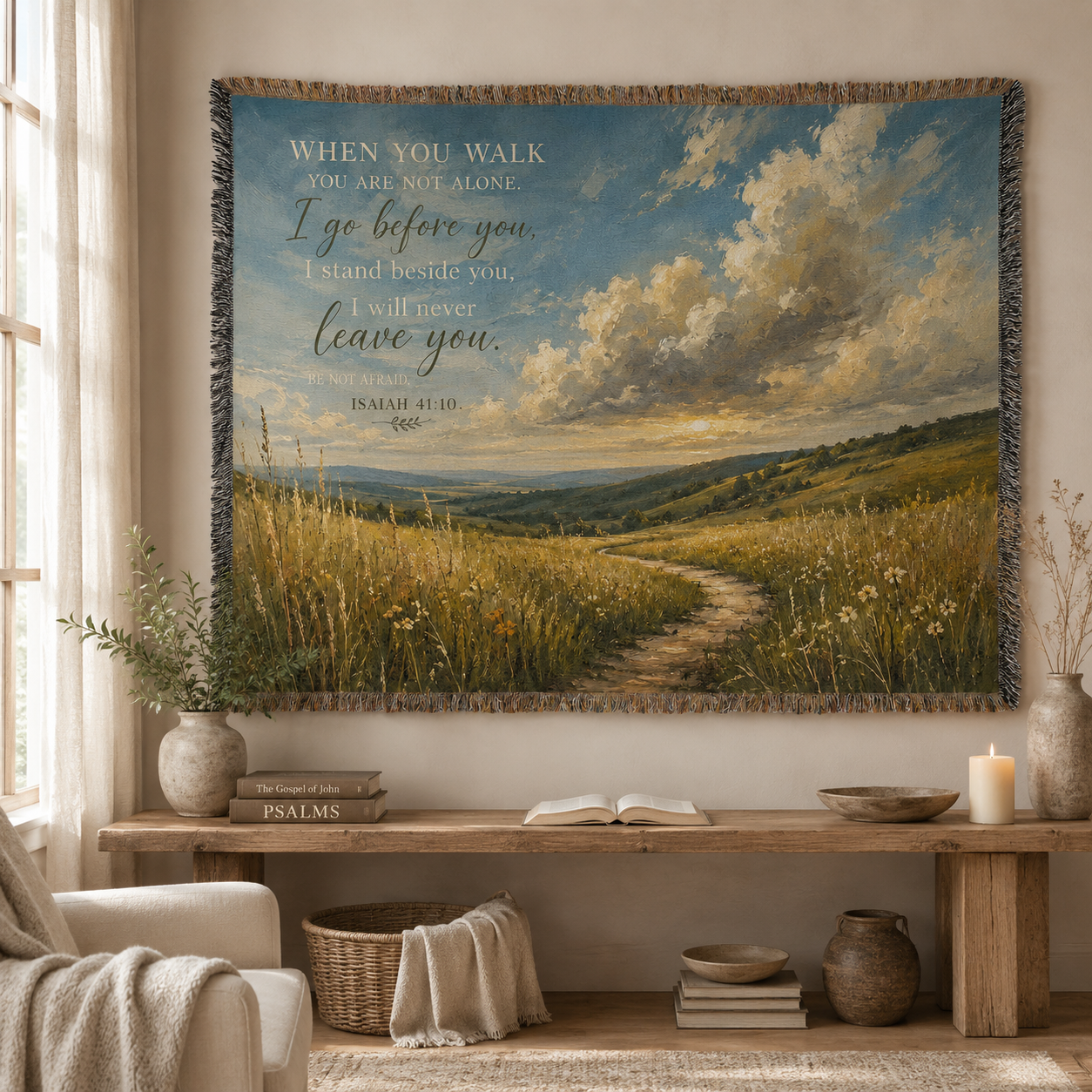 Isaiah 41:10 Christian woven blanket displayed as inspirational wall tapestry decor