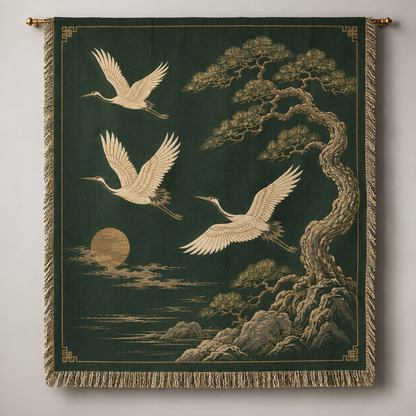 Japanese crane and pine woven blanket in forest green with gold details