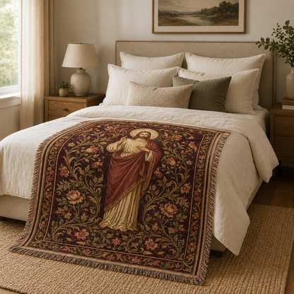 Jesus botanical woven blanket styled across a warm neutral bedroom