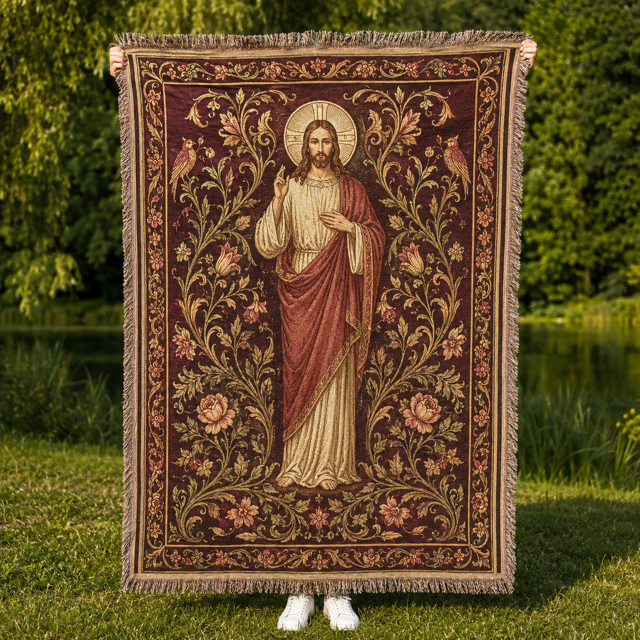 Jesus botanical woven blanket with halo, floral vines, birds and multicolor fringe