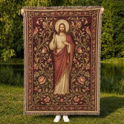 Jesus botanical woven blanket with halo, floral vines, birds and multicolor fringe