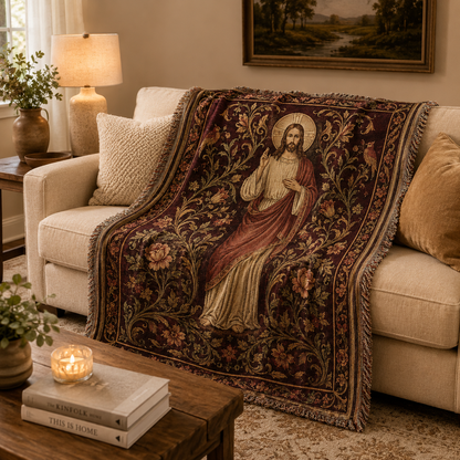 Jesus botanical Christian woven blanket softly draped over a neutral sofa
