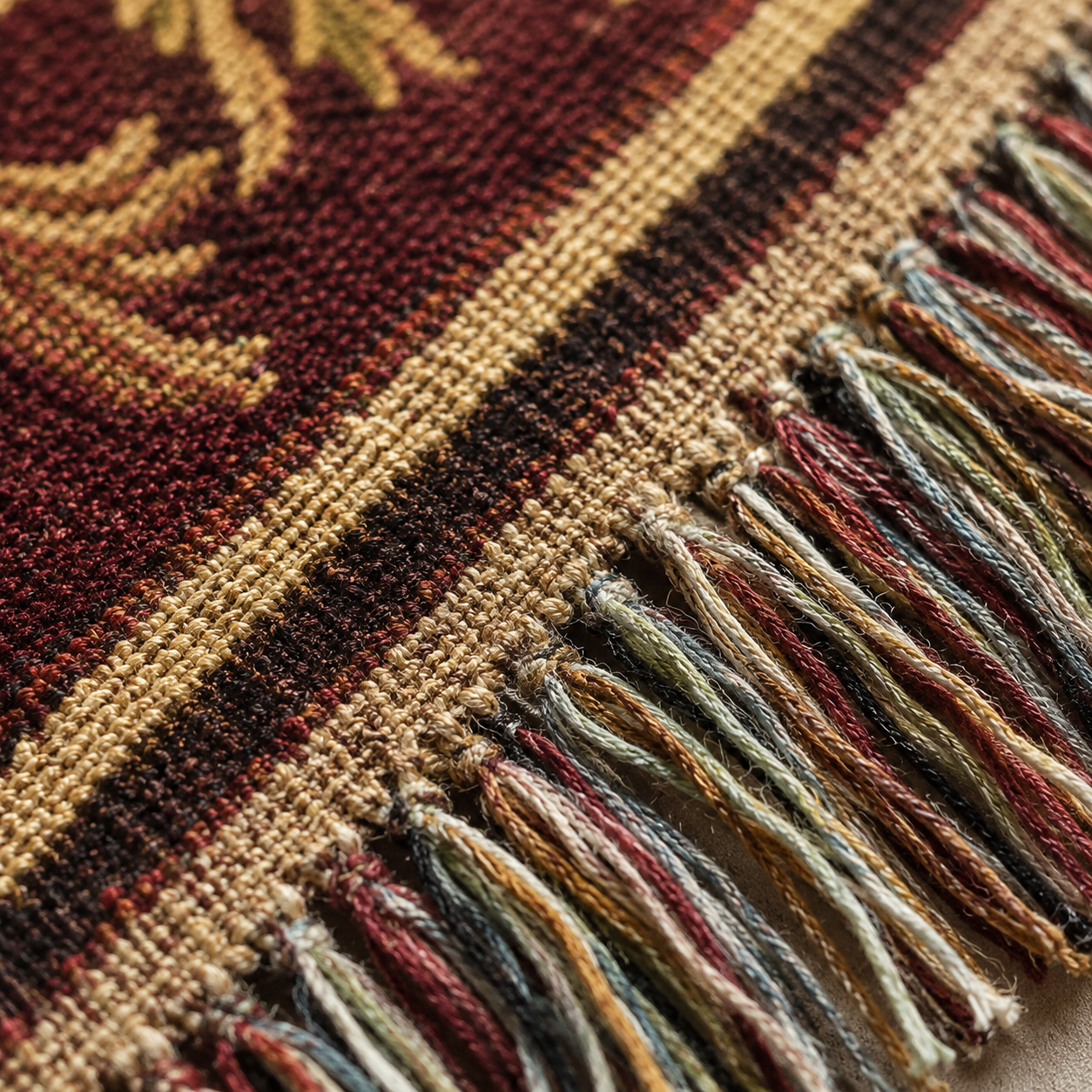 Macro close up of woven yarn texture and multicolor fringe on Jesus botanical blanket