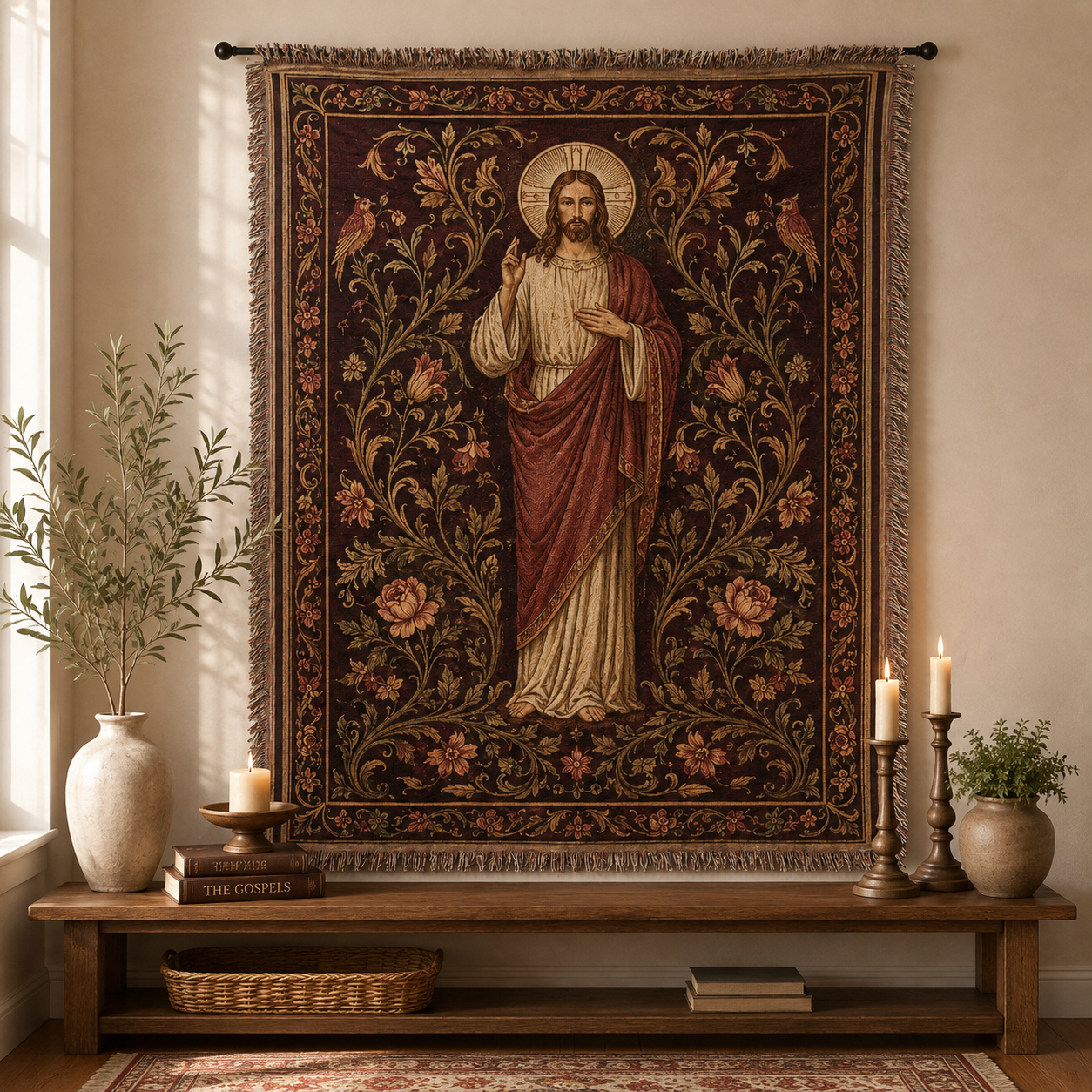 Jesus botanical woven blanket displayed as Christian wall tapestry decor