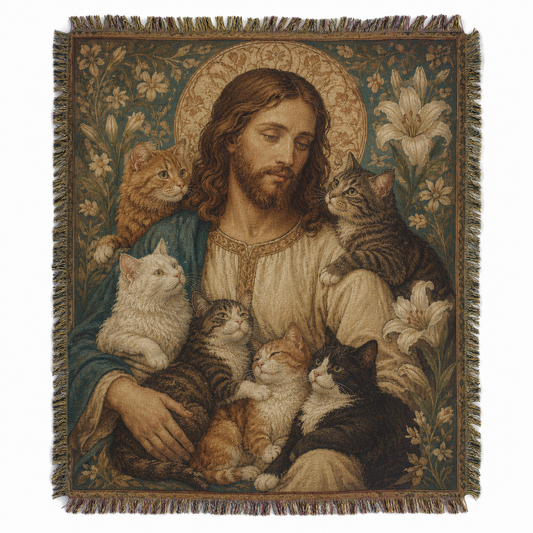 Jesus with cats woven blanket, vintage Christian tapestry throw with fringe