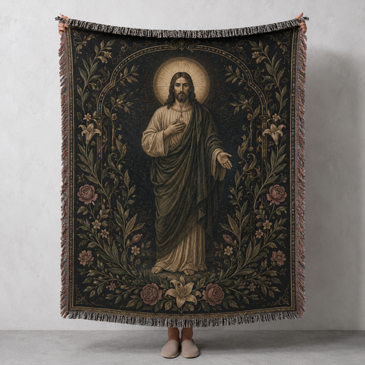 Jesus floral woven blanket with golden halo, roses, lilies and decorative fringe
