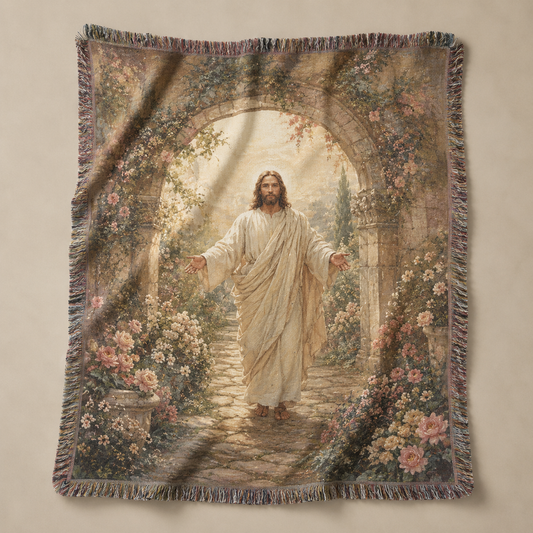 Jesus in a floral garden arch woven blanket with multicolor fringe