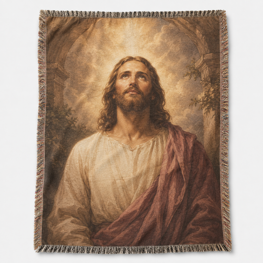 Jesus in golden light woven blanket with burgundy robe and fringed edges