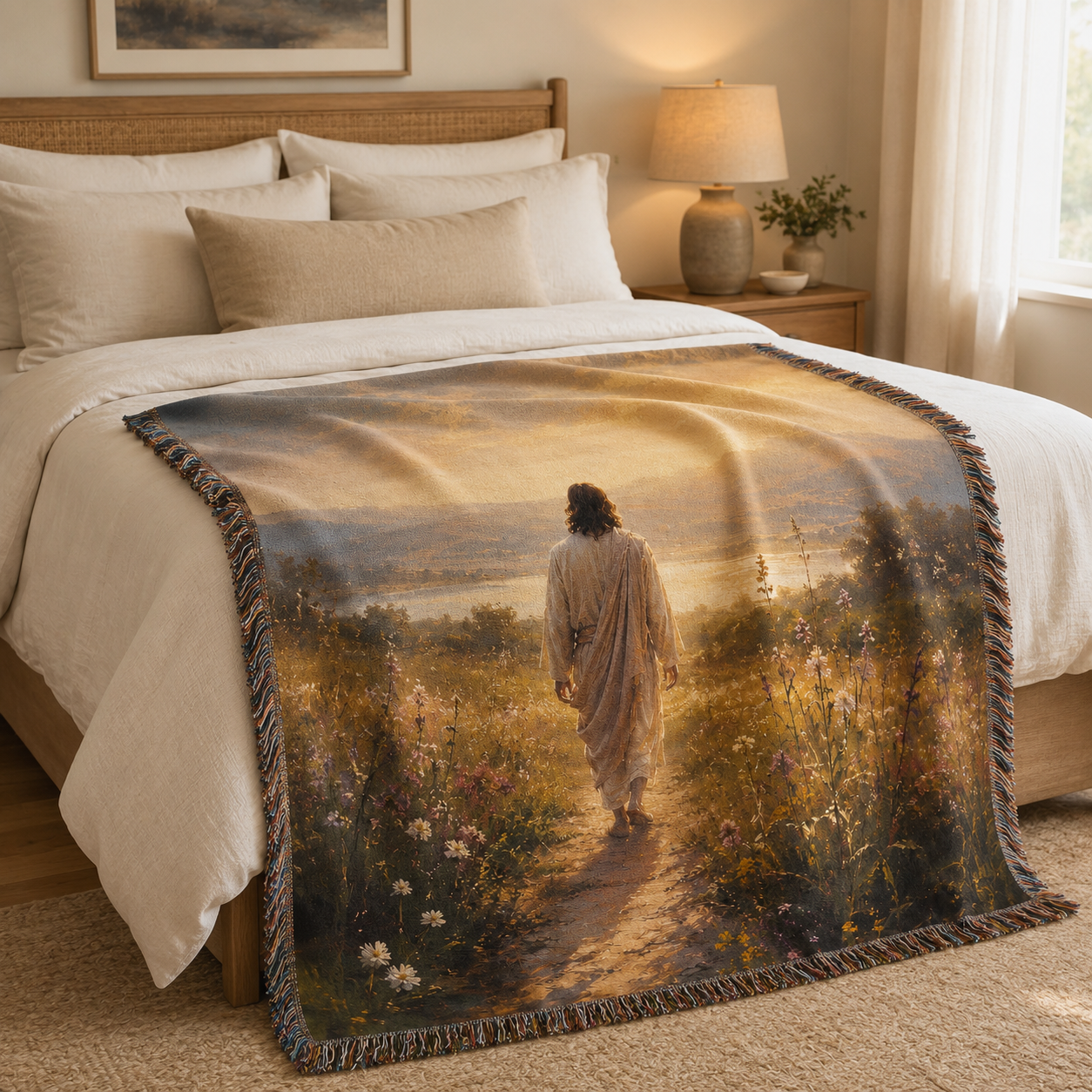 Jesus golden meadow woven blanket styled across a warm neutral bedroom