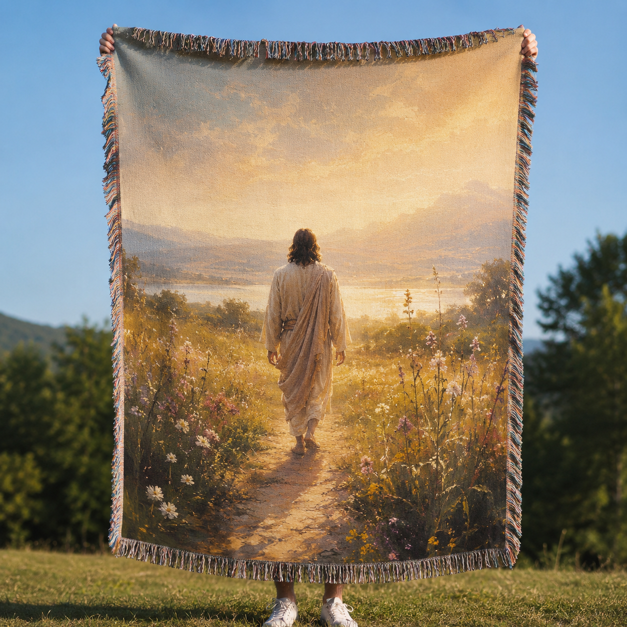 Jesus walking through a golden wildflower meadow woven blanket with multicolor fringe