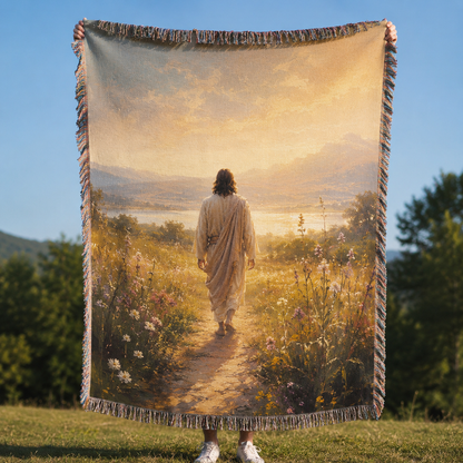 Jesus walking through a golden wildflower meadow woven blanket with multicolor fringe