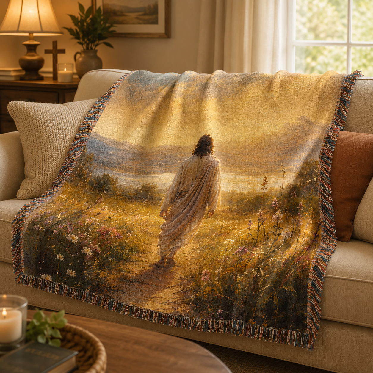 Jesus golden meadow woven blanket softly draped over a neutral sofa