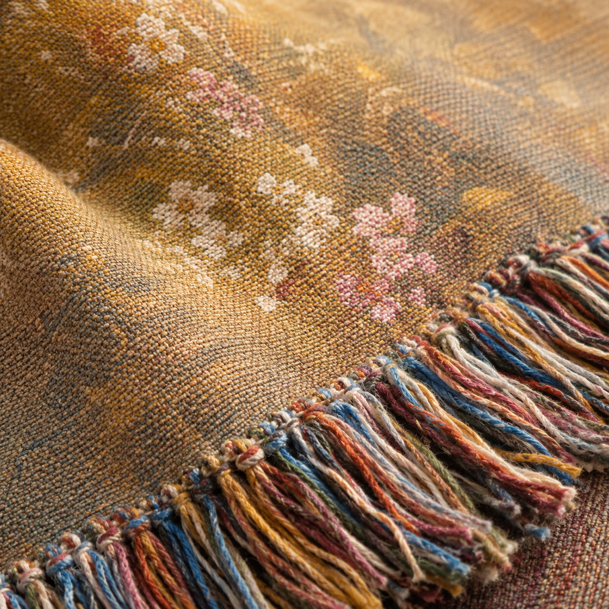 Macro close up of woven yarn texture and multicolor fringe on Jesus golden meadow blanket