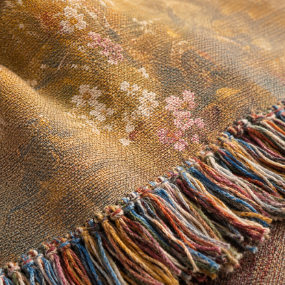 Macro close up of woven yarn texture and multicolor fringe on Jesus golden meadow blanket