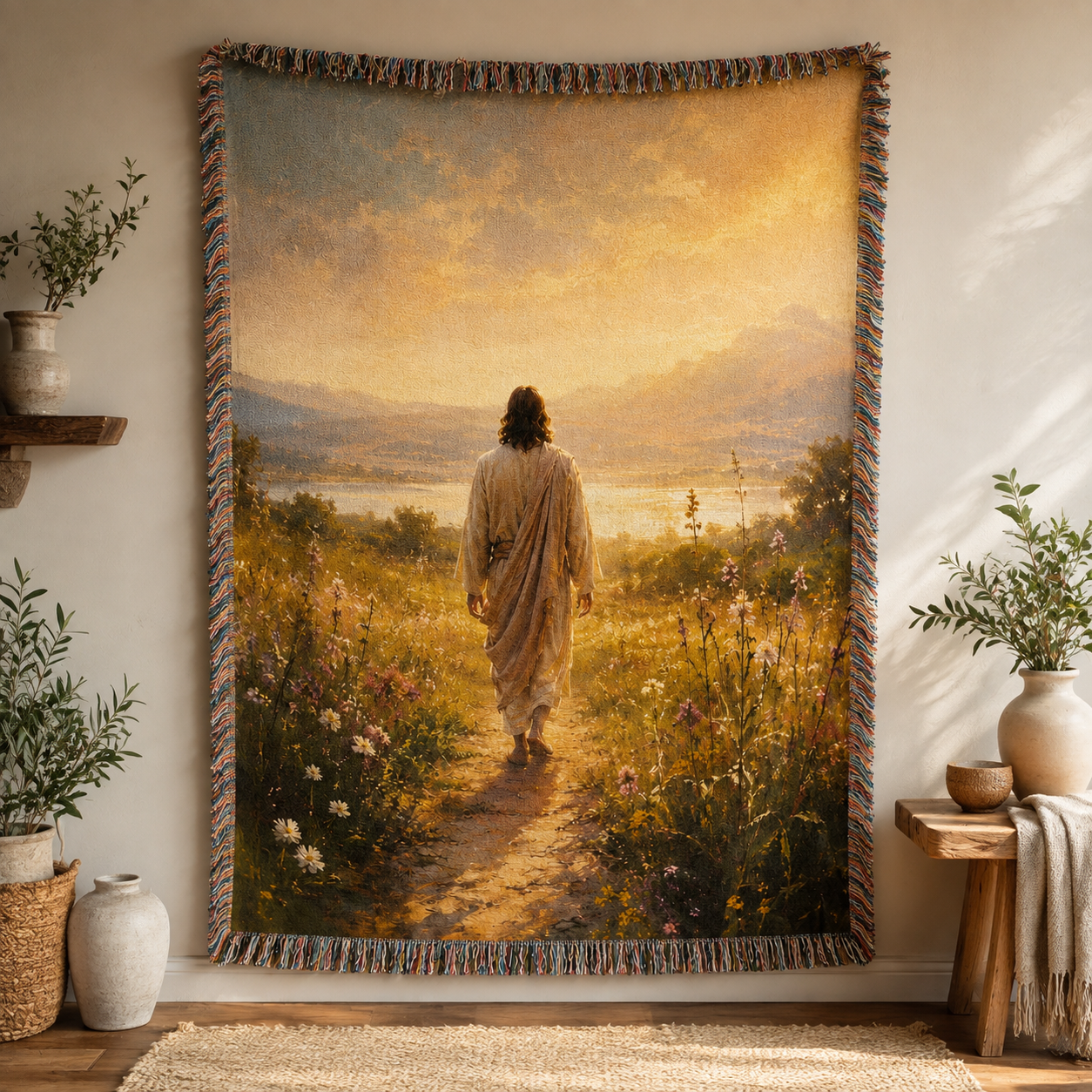 Jesus golden meadow woven blanket displayed as Christian wall tapestry decor