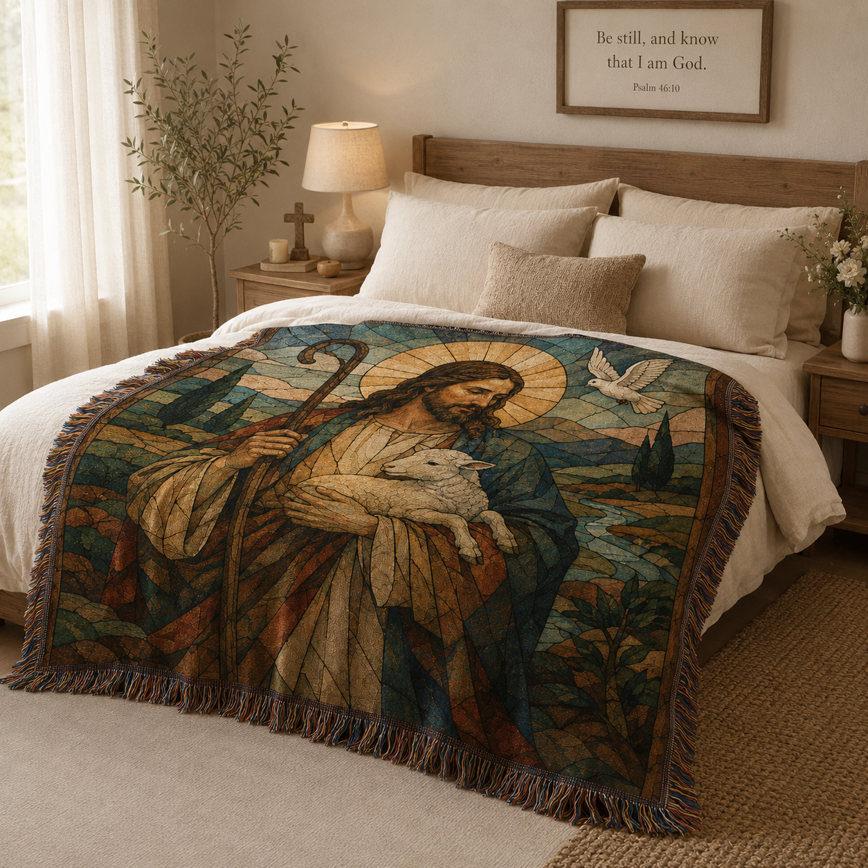 Jesus Good Shepherd stained glass woven blanket styled across a cozy bed