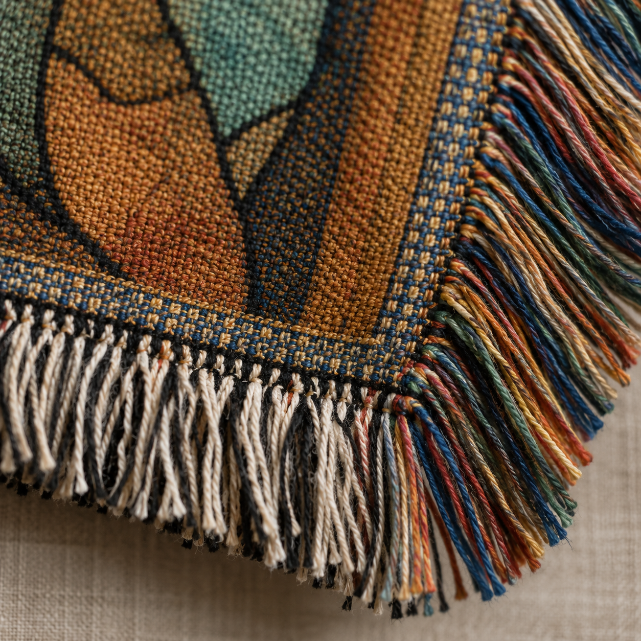 Macro close-up of woven yarn texture and multicolor fringe on Jesus Good Shepherd blanket