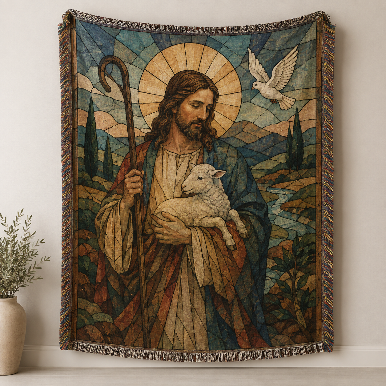 Jesus Good Shepherd stained glass woven blanket with lamb, dove and multicolor fringe
