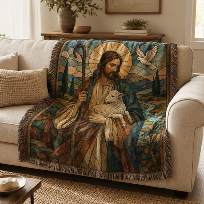 Jesus Good Shepherd stained glass woven blanket softly draped over a neutral sofa