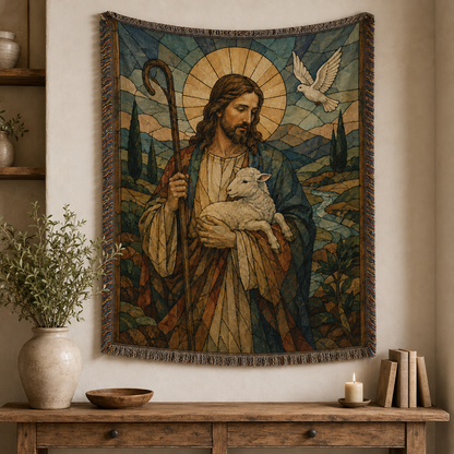 Jesus Good Shepherd stained glass woven blanket displayed as Christian wall decor
