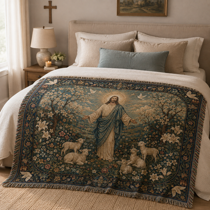 Jesus Good Shepherd woven blanket styled across the foot of a serene bedroom