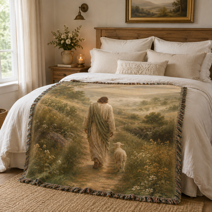 Jesus Good Shepherd woven blanket styled across a cozy neutral bed