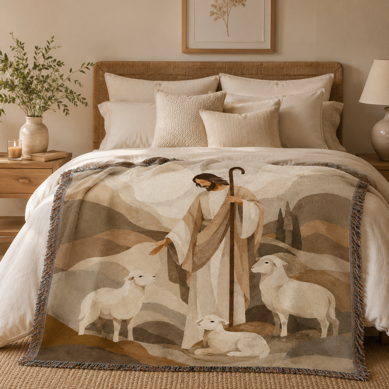 Jesus Good Shepherd Christian woven blanket styled across a cozy neutral bed