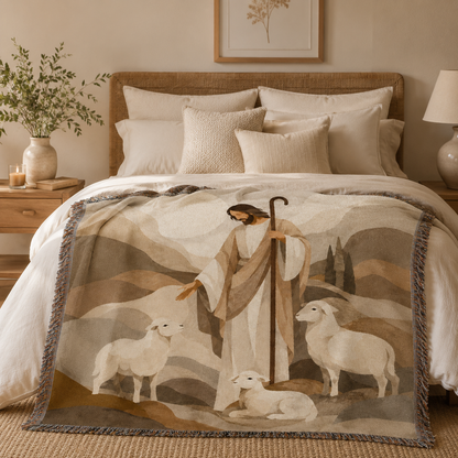 Jesus Good Shepherd Christian woven blanket styled across a cozy neutral bed