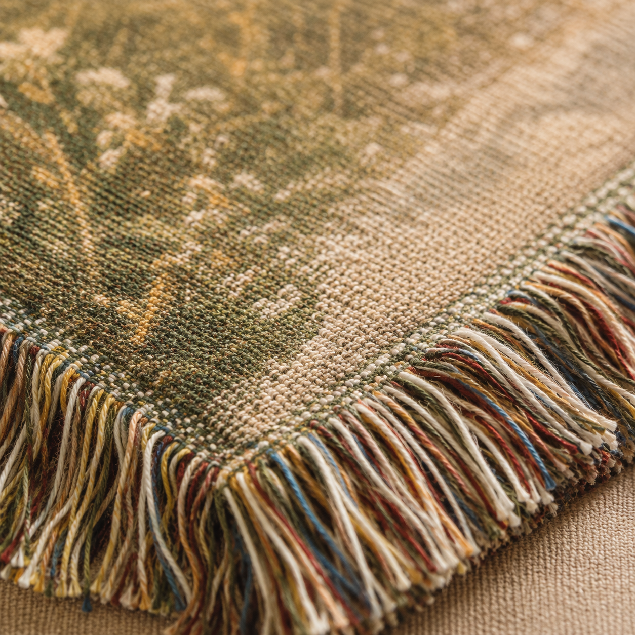 Macro close-up of woven texture and multicolor fringe on Christian blanket