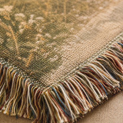 Macro close-up of woven texture and multicolor fringe on Christian blanket
