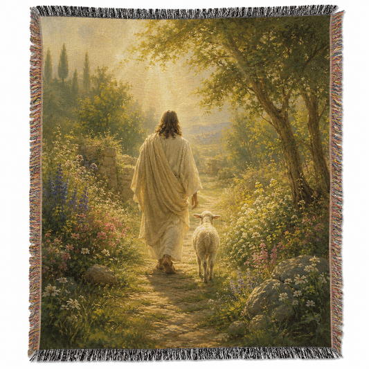 Jesus Good Shepherd woven blanket with lamb on a golden garden path