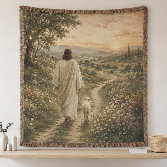 Jesus Good Shepherd woven blanket with lamb in wildflower meadow