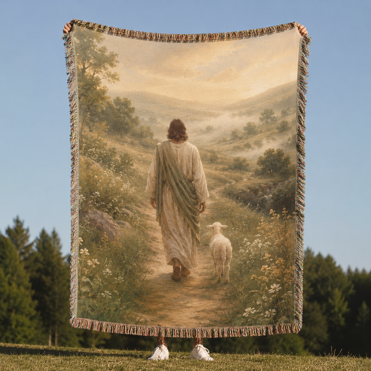 Jesus Good Shepherd woven blanket with lamb in a peaceful meadow