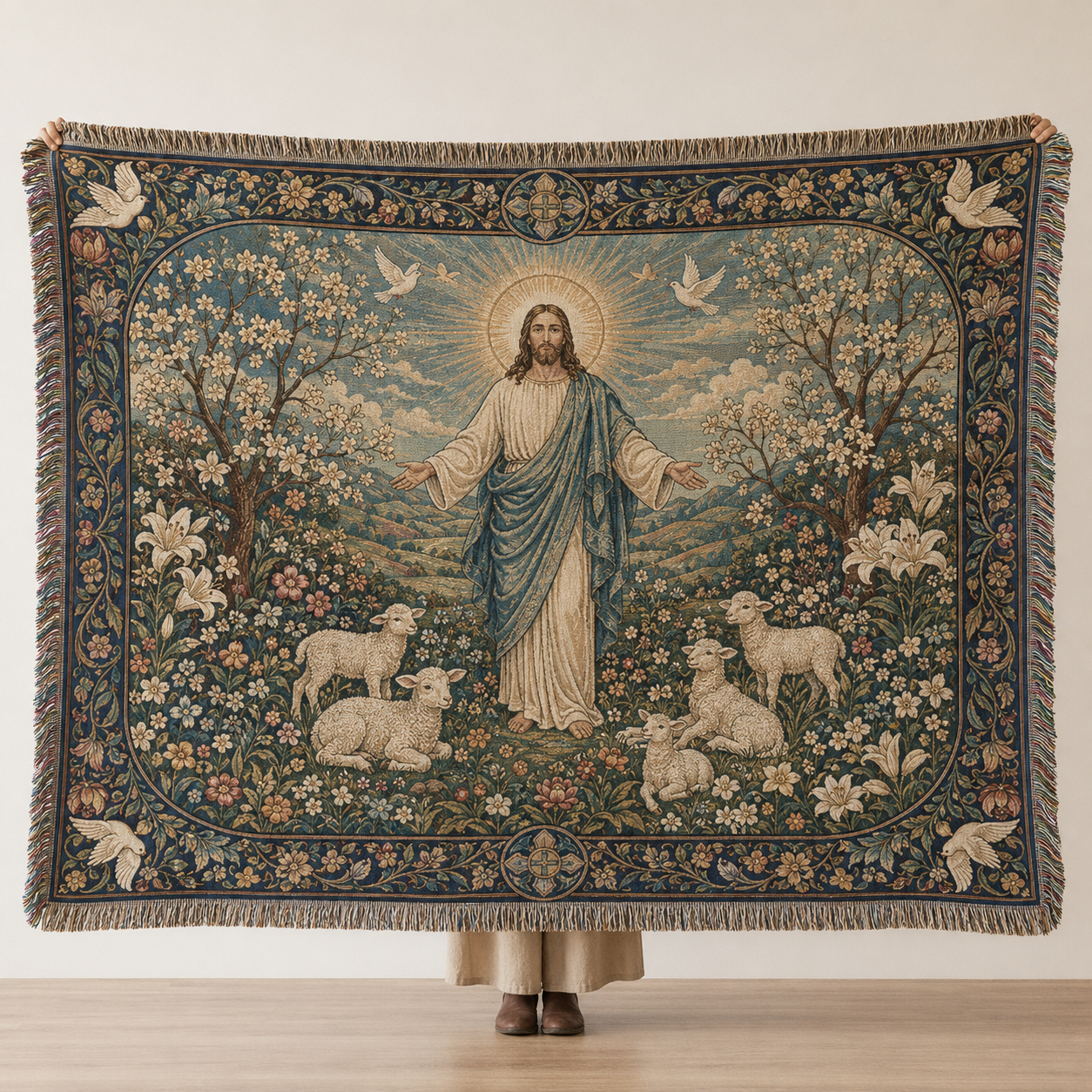 Jesus Good Shepherd woven blanket with lambs, doves, flowers and decorative fringe