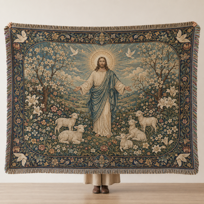 Jesus Good Shepherd woven blanket with lambs, doves, flowers and decorative fringe