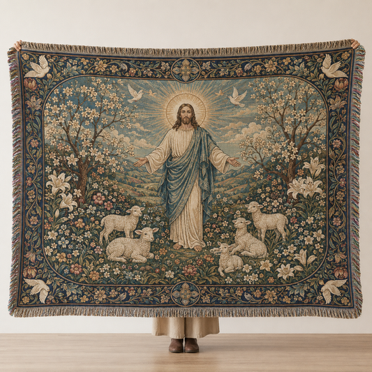 Jesus Good Shepherd woven blanket with lambs, doves, flowers and decorative fringe
