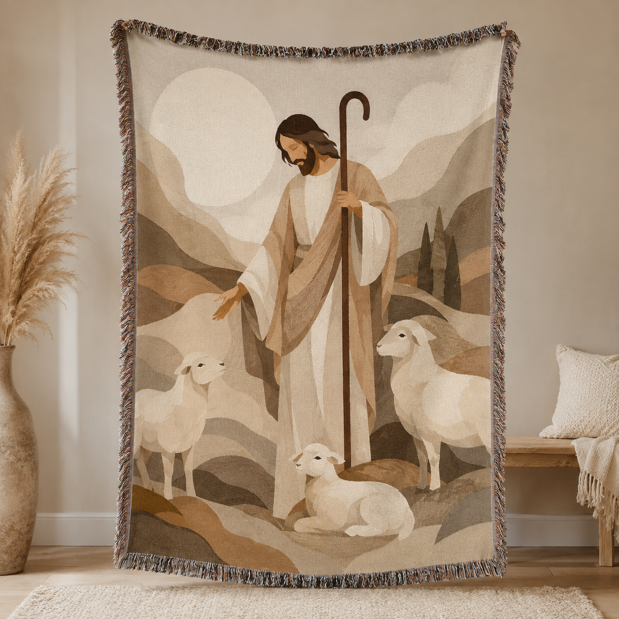 Jesus Good Shepherd woven blanket with sheep in warm neutral abstract landscape