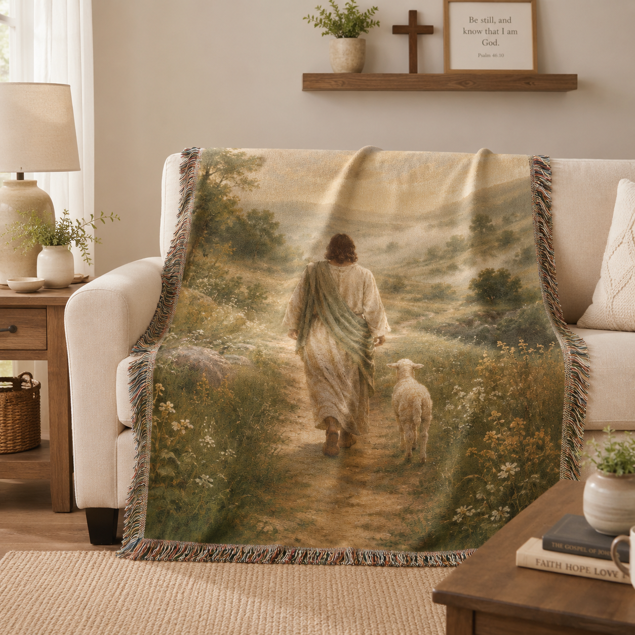 Jesus Good Shepherd woven blanket softly draped over a neutral sofa