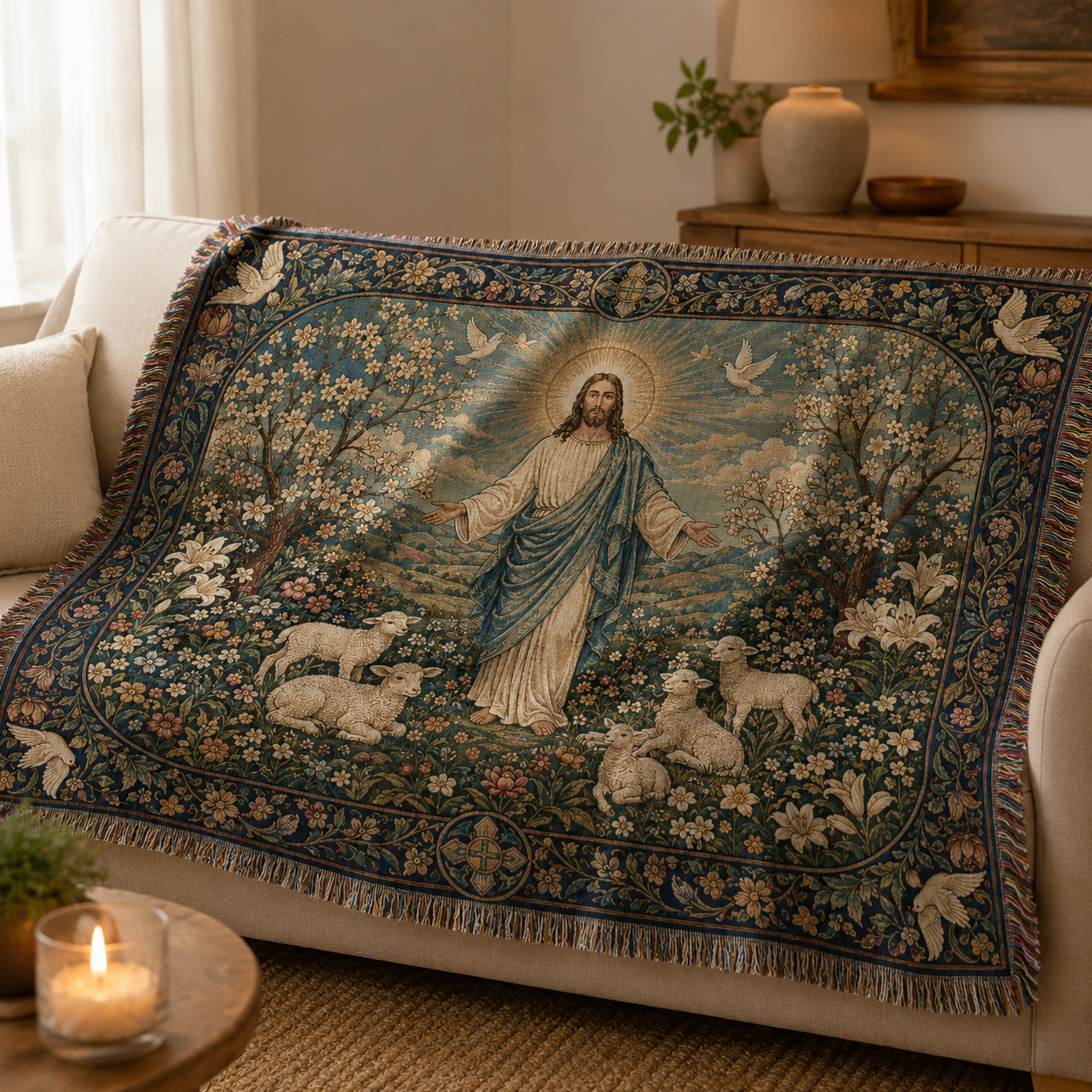 Jesus Good Shepherd woven blanket draped softly over a neutral sofa