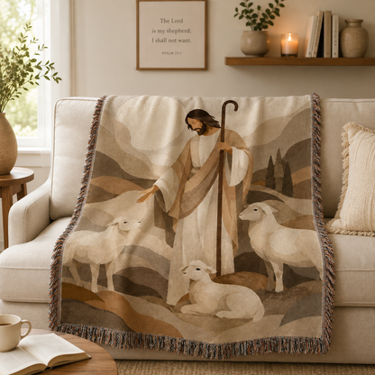 Jesus Good Shepherd woven blanket softly draped over a neutral sofa