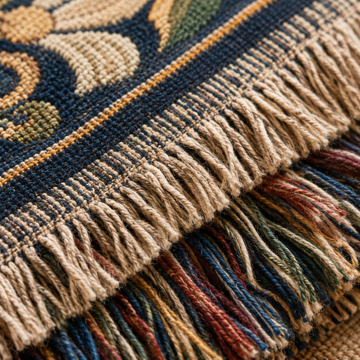 Close-up woven yarn texture and multicolor fringe of Jesus Good Shepherd blanket