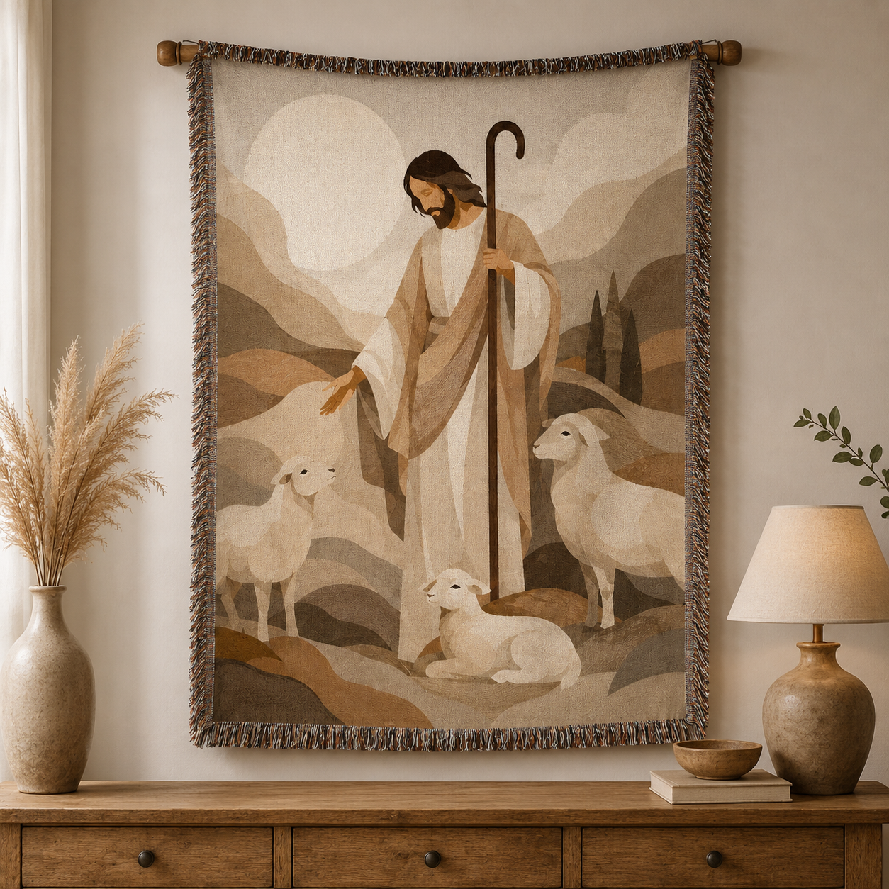 Jesus Good Shepherd woven blanket displayed as Christian wall decor