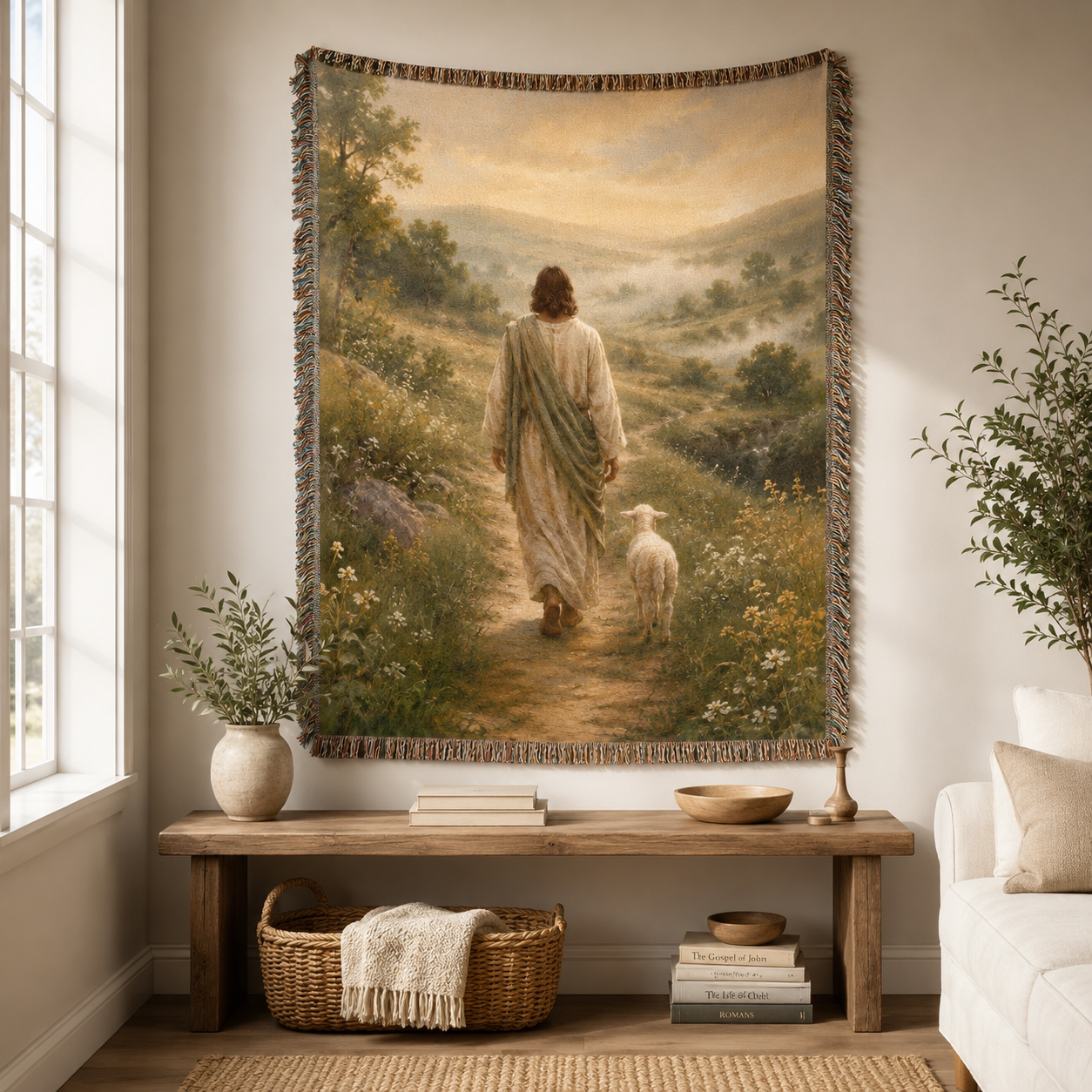 Jesus Good Shepherd woven blanket displayed as Christian wall decor